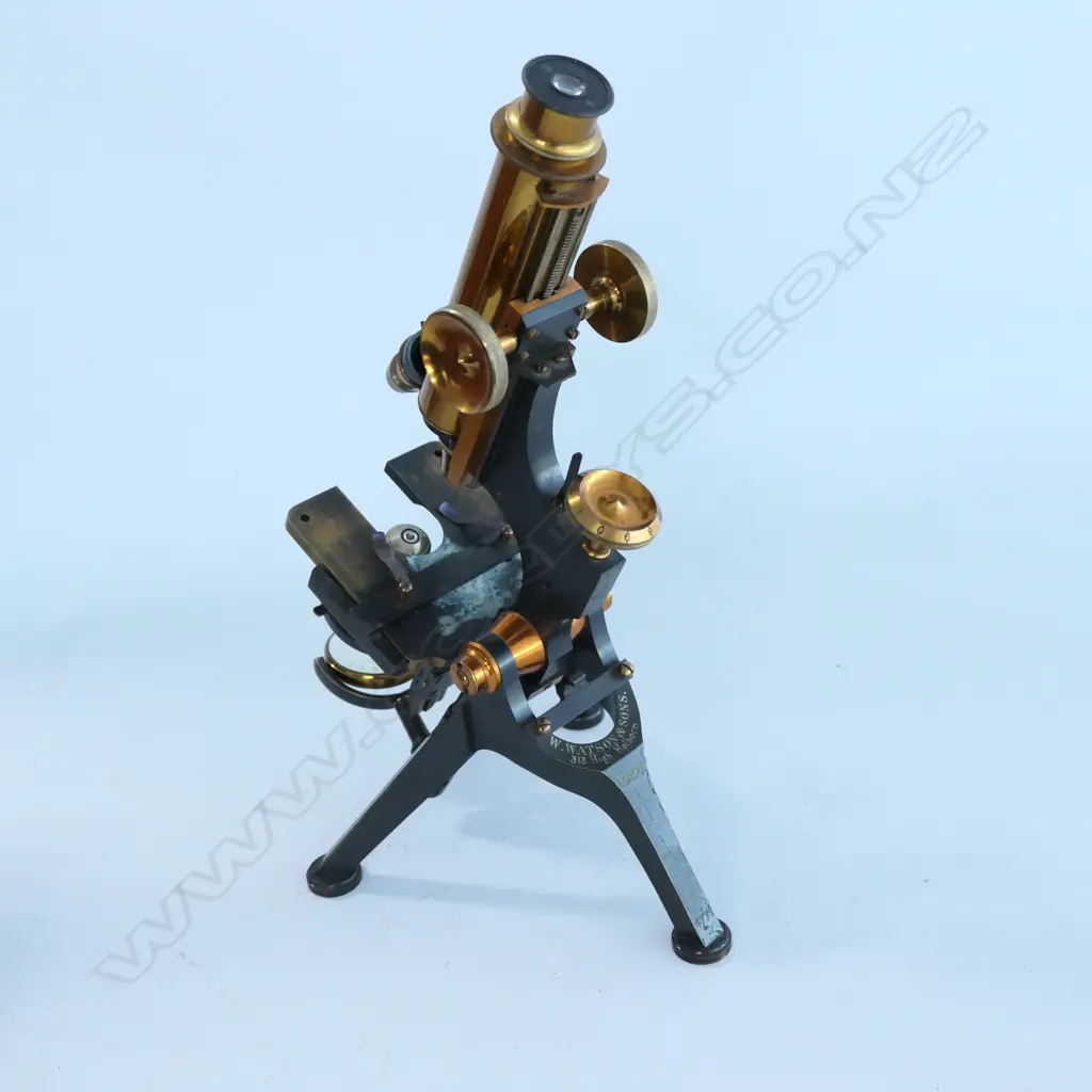 W.WATSON & SONS 313 HIGH HOLBORN, LONDON No.4771, MONOCULAR COMPOUND MICROSCOPE w  CONDENSER & IRIS DIAPHRAGM. MAHOG BOX Image 1++
